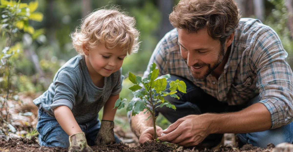 father and small boy planting
